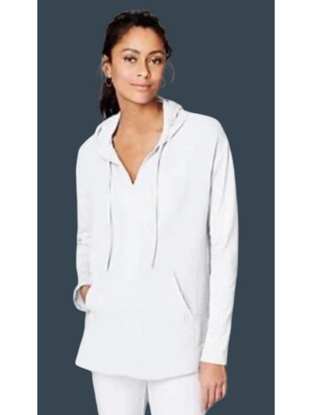 Pure Jill White Textured mixed media Cotton tunic Hoodie With Kangaroo Pocket XS
